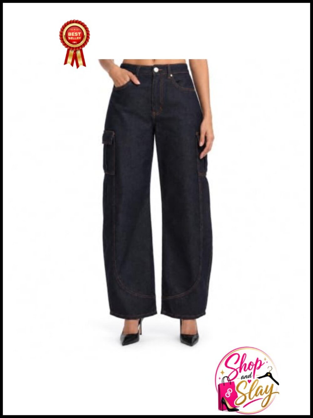 High Waisted Barrel Leg Cargo Jeans 100% Cotton Non-Stretch Denim